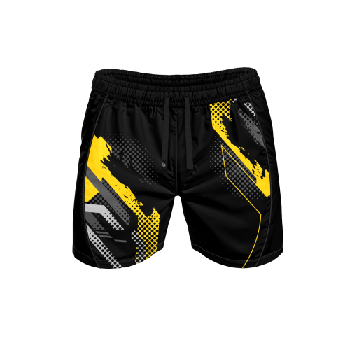 Czarne krótkie spodenki do ćwiczeń męskie Nitra Yellow Czarne krótkie spodenki do ćwiczeń męskie Nitra Yellow. przód.png