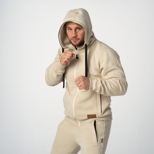 Kremowy dres męski bawełniany wysokiej jakości kremowa bluza z kapturem i kieszeniami Brachole
