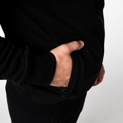 Stylowy czarny dres męski bawełniany Prestige Czarna bluza męska na zamek z kieszeniami