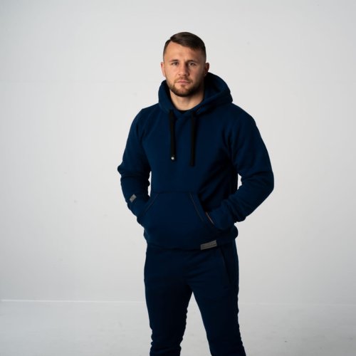 Granatowy dres męski bawełniany wysokiej jakości Prestige Granatowa bluza męska kangurka z kapturem