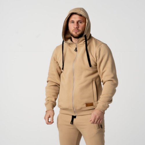 Beżowy dres męski bawełniany Prestige Bluza męska na zamek z kapturem