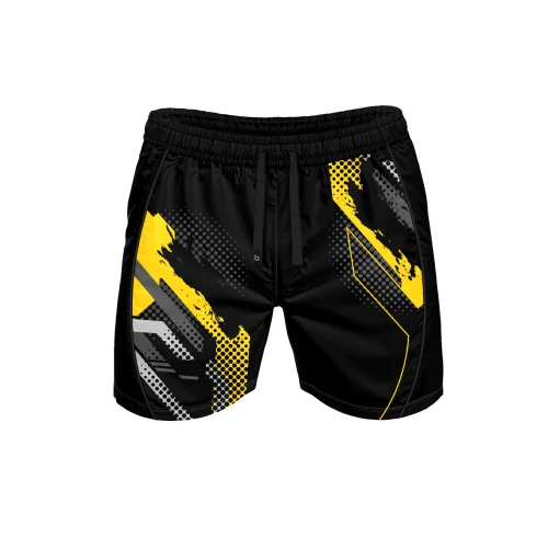 Czarne krótkie spodenki do ćwiczeń męskie Nitra Yellow Czarne krótkie spodenki do ćwiczeń męskie Nitra Yellow. przód.png