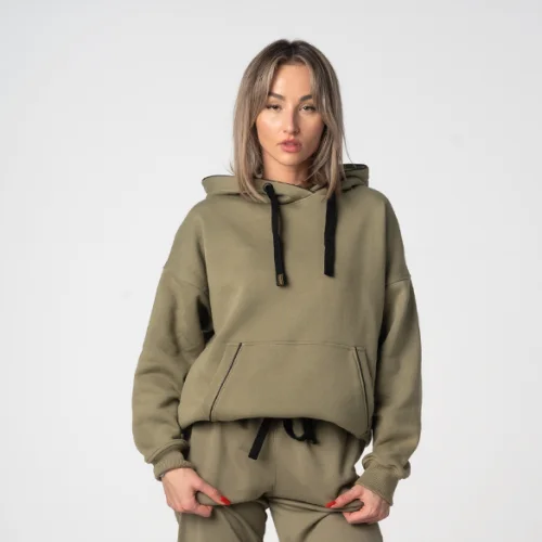 Oliwkowa bluza kangurka oversize damska z najwyższej jakości bawełny