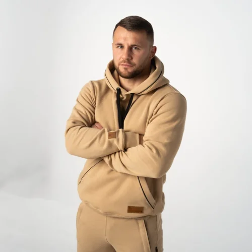 Beżowy Ciepły dres męski bawełniany Beżowa bluza kangurka dla mężczyzn