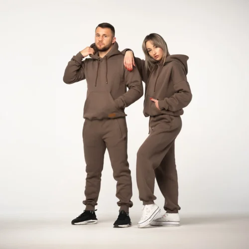 Brązowy bawełniany dres damski oversize Brązowe komplety dresowe bawełniane Prestige