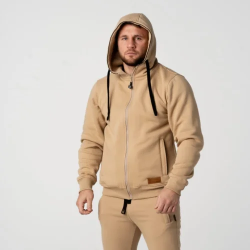 Beżowy dres męski bawełniany Prestige Bluza męska na zamek z kapturem